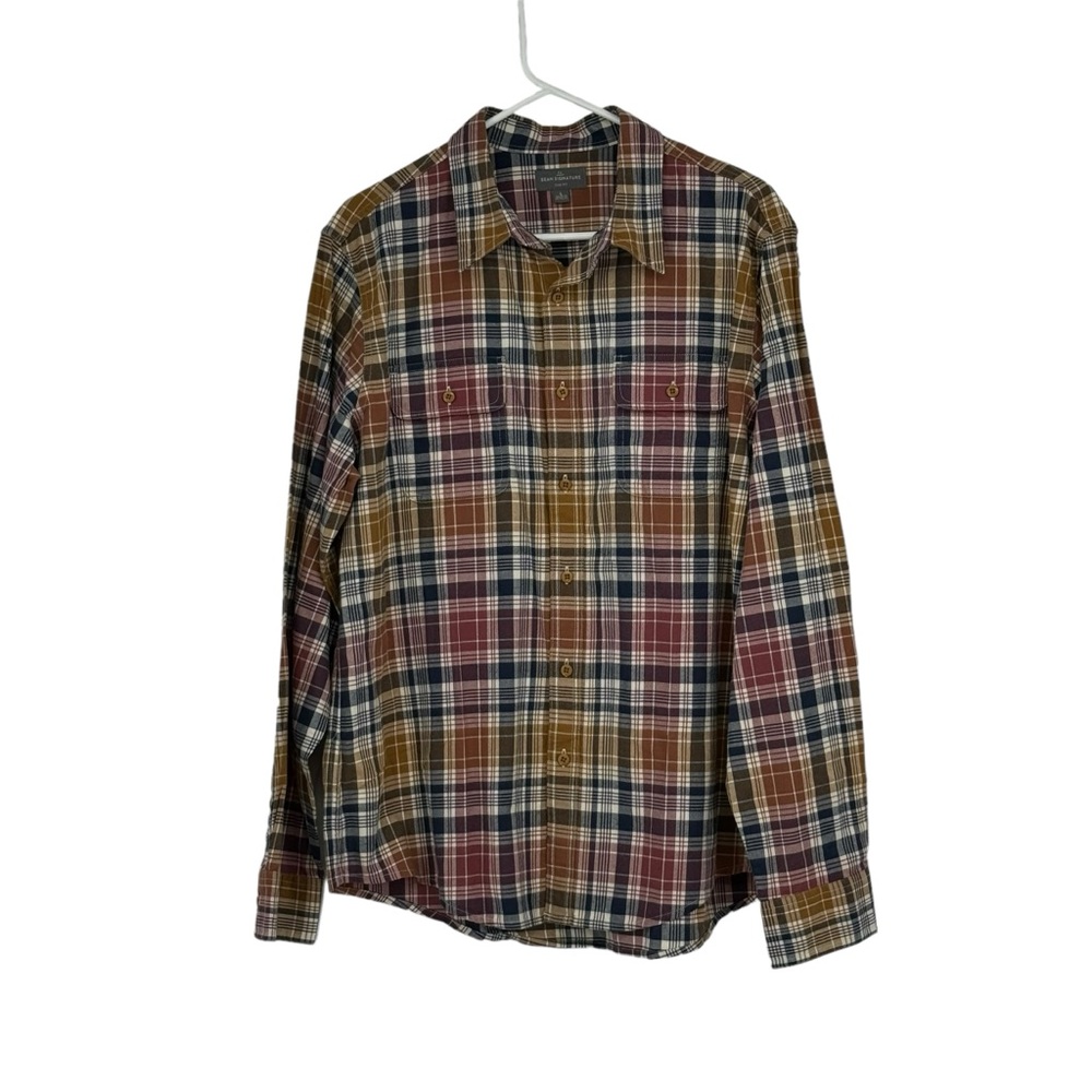 *Men’s LL Bean Size Large Signature Slim Fit Cotton Camel/Blue/Cream Plaid Shirt